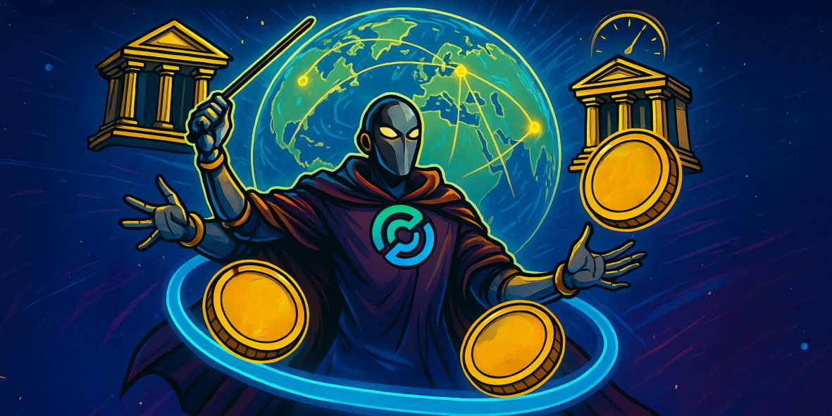 a cartoon of a man holding gold coins and a globe