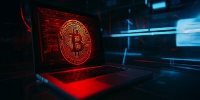 a laptop with a bitcoin logo on the screen. Abacus Market Vanishes: $400M Darknet Empire Collapses in Suspected Exit Scam