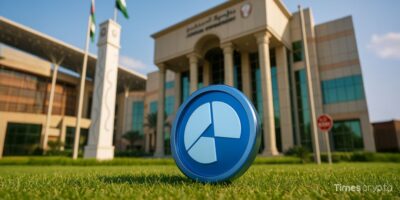 a blue circle on grass in front of a building, Abu Dhabi Judicial Department Adopts AE Coin for Payments