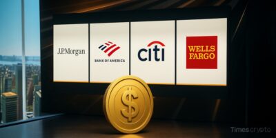 a gold coin with a dollar symbol on it. Stablecoin Issuance: WallStreet Banks Now in the Race. Citigroup, Wells Fargo, Bank of America, JPMorgan.