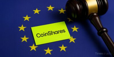 a yellow sign on a flag with a gavel. CoinShares Makes History as First EU Asset Manager to Secure MiCA Approval