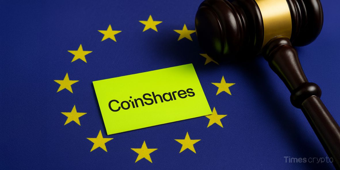 a yellow sign on a flag with a gavel. CoinShares Makes History as First EU Asset Manager to Secure MiCA Approval
