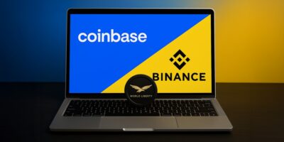 a laptop with a logo on the screen, Binance, Coinbase, CZ