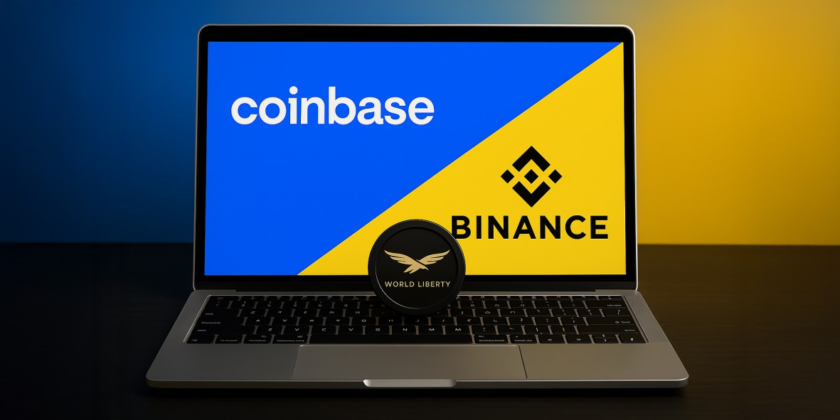 a laptop with a logo on the screen, Binance, Coinbase, CZ