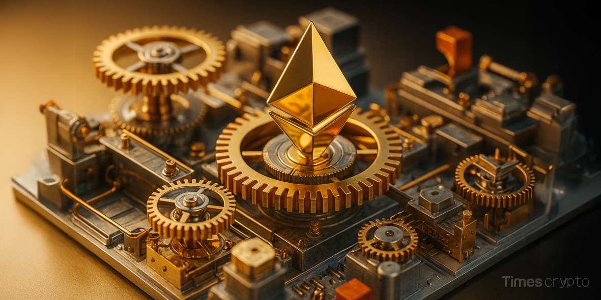 a machine with gears and a golden ethereum symbol. Institutional Giant The Ether Machine Buys 15,000 ETH for Ethereum's 10th Birthday