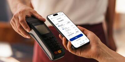 a person holding a phone and a machine. PayPal's “Pay with Crypto” Feature Goes Live: 100+ Tokens Now Accepted by U.S. Merchants
