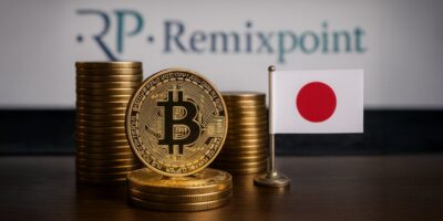 a stack of coins with a flag in the background