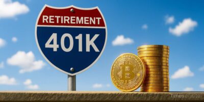 a sign and bitcoins next to a sign. Trump Finalizes Operation Checkpoint 2.0, Allows crypto in 401(k) Plans, BTC Futures Open Interest Surge