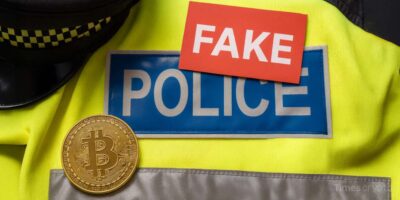 a fake sign and a bitcoin on a police uniform. Crypto Scammer Impersonates UK Police Officer, Steals .8M BTC in Sophisticated Cold Wallet Threat