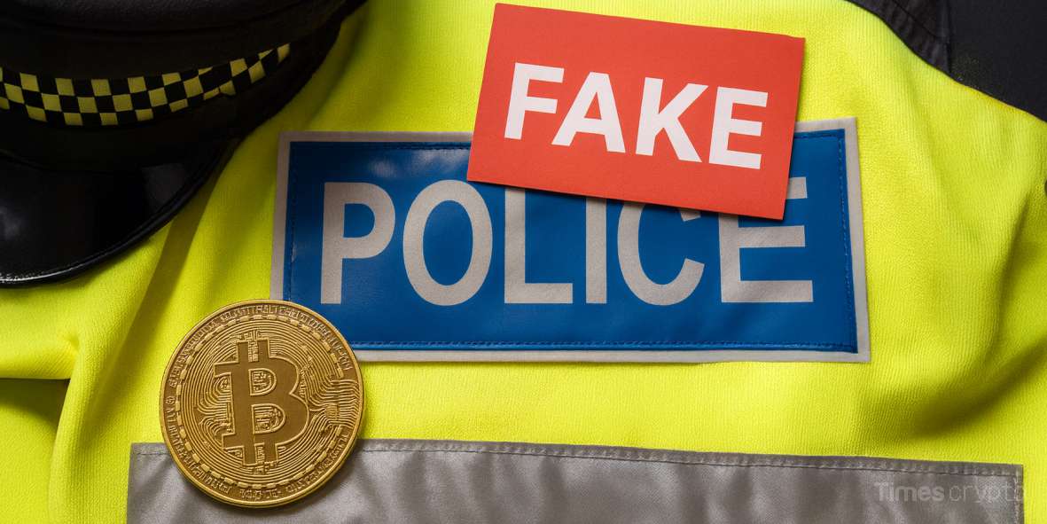 a fake sign and a bitcoin on a police uniform. Crypto Scammer Impersonates UK Police Officer, Steals $2.8M BTC in Sophisticated Cold Wallet Threat