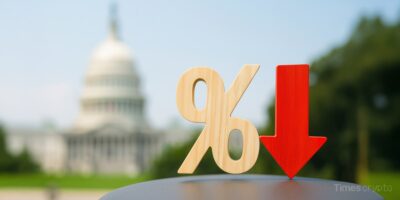 a wooden sign with a red arrow pointing down. Powell's Rate Cut Hint Ignites Markets: Crypto Volatility as Dovish Shift Begins