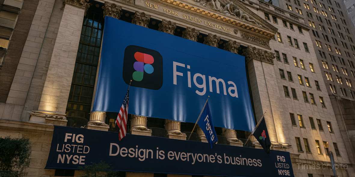 a large blue banner on a building. Figma Stock Surge 250% on NYSE Debut: AI, Bitcoin & the New Tech Race