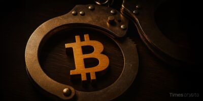 a metal handcuffs with a bitcoin symbol. Interpol Operation Serengeti 2.0 Nabs 1,200 Cybercriminals in Africa-Wide Crackdown