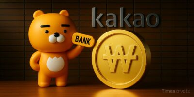 a toy bear holding a sign next to a stablecoin. KakaoBank Joins the Stablecoin Market Race: South Korea's Crypto Rivality Heats Up
