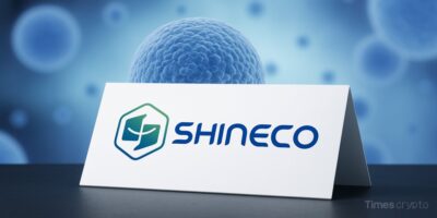a white rectangular sign with blue text. Shineco Launches Blockchain-Biotech Network: Stem Cells Tokenization on Ethereum - Stock Surge 50%