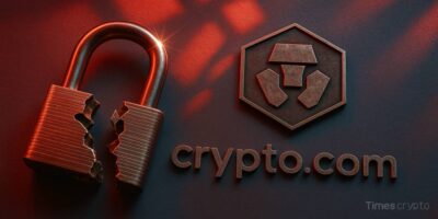 Broken lock beside Crypto.com logo. Crypto.com Data Breach: CEO Denies Cover-Up of 2023 Attack by Teen Hacker