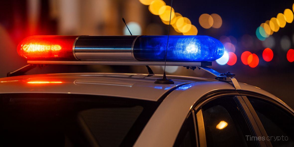 Police car with flashing lights. $8M Armed Crypto Kidnapping Heist: Texas Brothers Face Federal Charges
