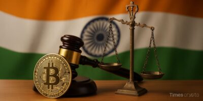 Bitcoin symbol with gavel and scales and India flag. Crypto Kidnapping: Indian Court Hands Life Terms to 14 in Landmark Trial