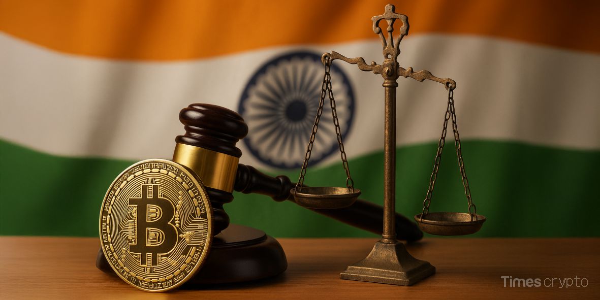 Bitcoin symbol with gavel and scales and India flag. Crypto Kidnapping: Indian Court Hands Life Terms to 14 in Landmark Trial