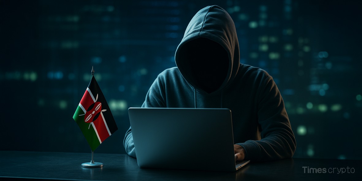 Scammer at a computer, Kenyan flag. Kenya Token Scam Drops After Deepfake Promotion is Revealed