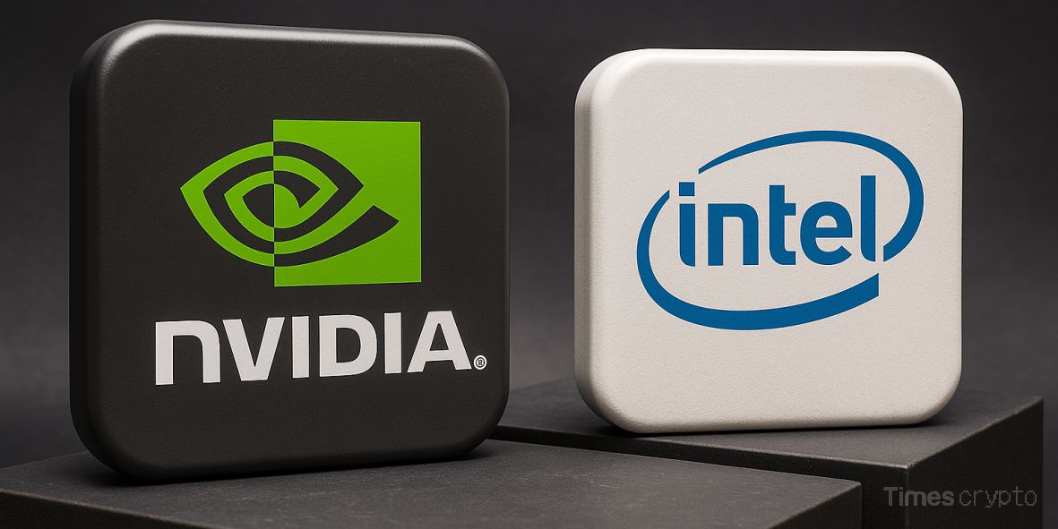 Logos of Nvidia and Intel displayed. Nvidia Bets $5B on Intel to Forge AI Infrastructure Alliance.