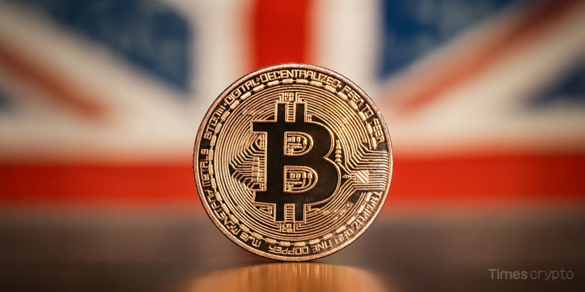 Bitcoin against British flag background. UK Seizure of £5.5bn Bitcoin Reveals Biggest Crypto Fraud In History