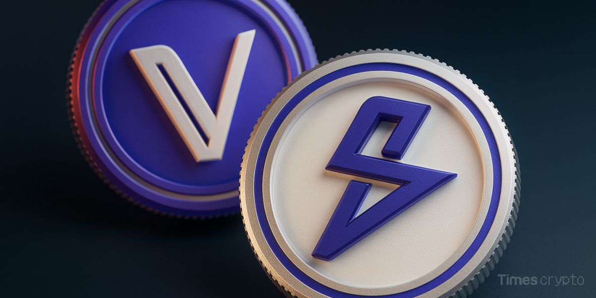 Two cryptocurrency coins with logos, Vet Tokens and VTHO. VeChain Hayabusa Upgrade: DPoS Shift and Tokenomiks Audit Set for December