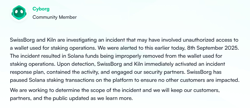 SwissBorg SOL Exploit: After a partner API exploit, 193K SOL were drained, affecting SwissBorg’s SOL Earn Program; recovery is underway.