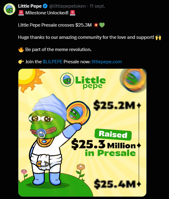 Little Pepe Memecoin Soars Past $25M Presale, Launches 15 ETH Giveaway The Ethereum-based memecoin Little Pepe ($LILPEPE) has stormed past a $25 million presale milestone, celebrating the feat with a massive 15 ETH community giveaway.
