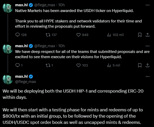 USDH Ticker: A decisive community vote has secured Native Markets the right to launch and manage the USDH stablecoin on the Hyperliquid perpetual futures DEX, edging out established giants.