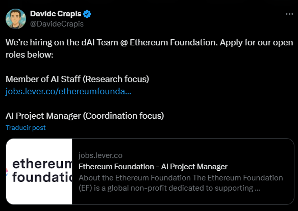 The Ethereum Foundation has officially formed a dedicated "dAI Team" to position Ethereum as the foundational settlement layer for the rapidly emerging AI agent economy.