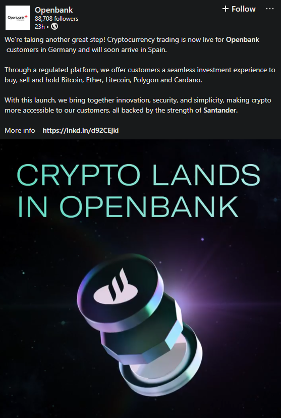 Santander's Openbank Crypto Services Launches in Major European Push Openbank Crypto Services: Openbank, Banco Santander’s digital subsidiary, has introduced crypto trading for its German customers, taking a significant step into the digital assets market by one of the largest banks in Europe.
