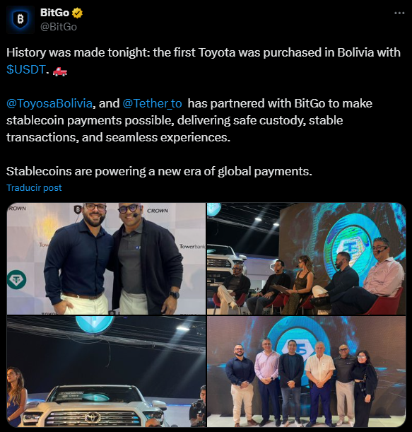 USDT in Bolivia: Leading automobile manufacturers in Bolivia, specifically Toyota, Yamaha, and BYD, are now accepting Tether (USDT) as a payment option for purchasing vehicles, marking a great moment for stablecoin adoption as the country struggles with a severe U.S. dollar shortage.