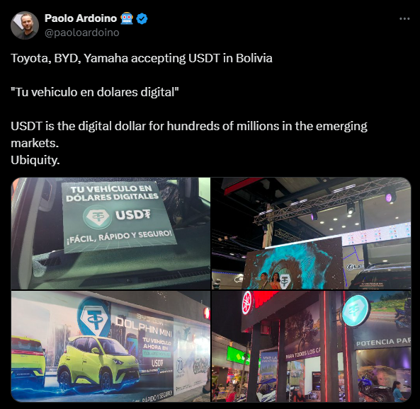 USDT in Bolivia: Leading automobile manufacturers in Bolivia, specifically Toyota, Yamaha, and BYD, are now accepting Tether (USDT) as a payment option for purchasing vehicles, marking a great moment for stablecoin adoption as the country struggles with a severe U.S. dollar shortage.