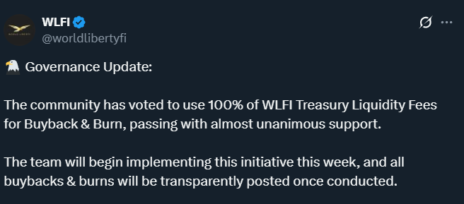 Trump-Linked WLFI to Use All Treasury Fees for Buyback & Burn, Price Down 15% this Week! 2 image 363