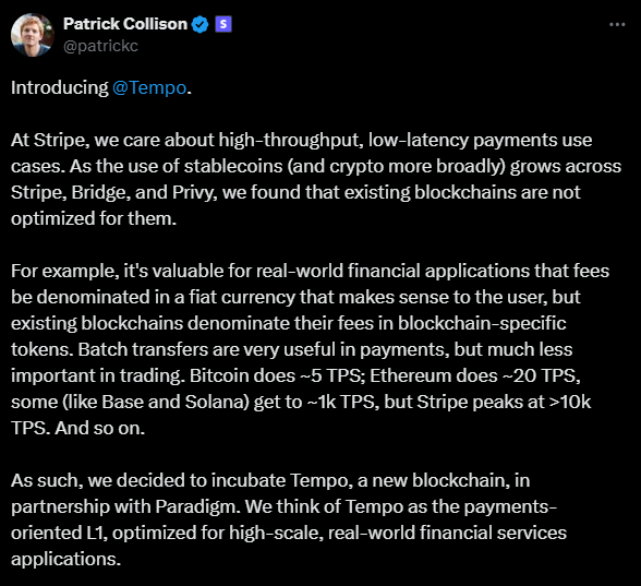 Stablecoin Payments Blockchain: Tempo, an EVM-compatible Layer 1 blockchain designed for high-volume global stablecoin transactions, backed by  OpenAI, Visa, Shopify, and Deutsche Bank.