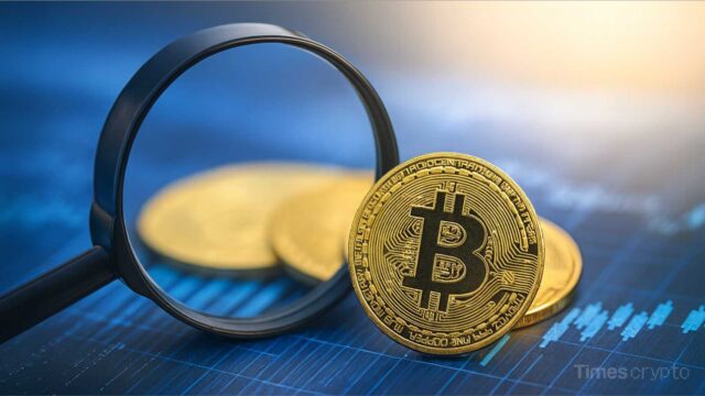 Bitcoin coin with magnifying glass. Rootstock Institutional BTCFi Aims to Unlock $260B in Idle Bitcoin