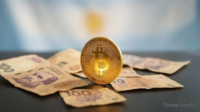Bitcoin on Argentine banknotes background. Argentines Turning to Crypto as October Elections Threaten Peso Stability