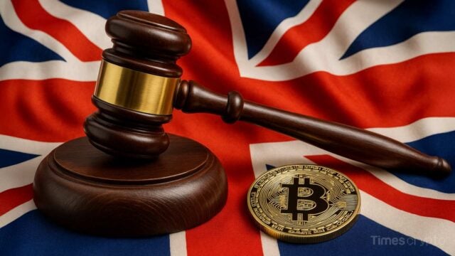 Gavel, Bitcoin, UK flag background. UK Forges Landmark Bitcoin Compensation Fund for £5.5Bbn Fraud Victims