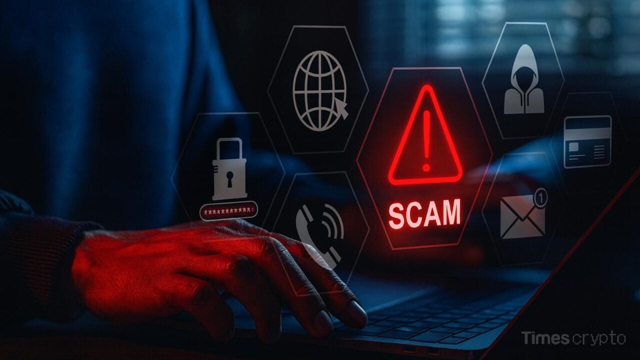 Hand typing with scam warning icons. New Fight Phishing Scams Tool Uses Cryptographic Proof to Expose Fake Sites