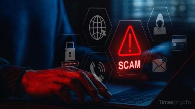 Hand typing with scam warning icons. New Fight Phishing Scams Tool Uses Cryptographic Proof to Expose Fake Sites