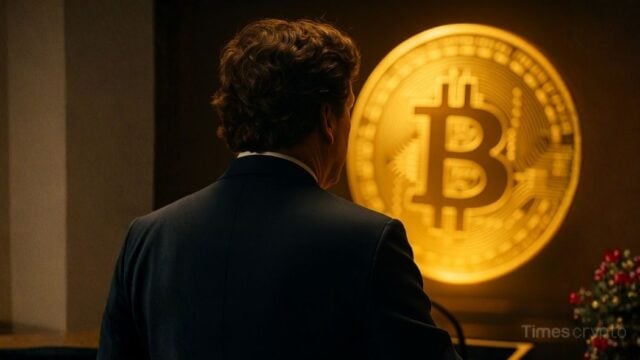 Tucker Carlson in suit with Bitcoin logo. Tucker Carlson Claims CIA Created Bitcoin, Rejects Investment - Is He Right?
