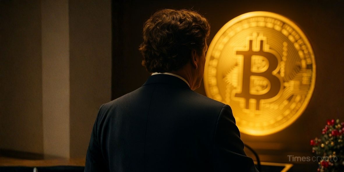 Tucker Carlson in suit with Bitcoin logo. Tucker Carlson Claims CIA Created Bitcoin, Rejects Investment - Is He Right?