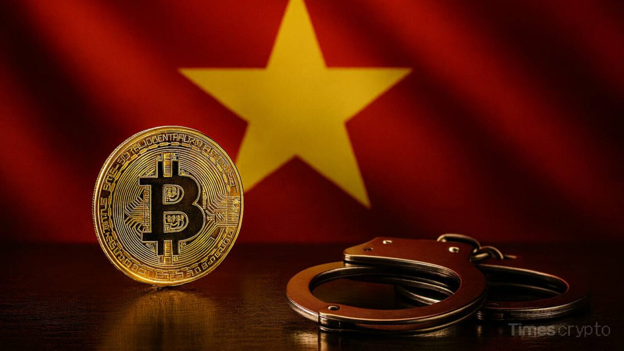 Bitcoin with handcuffs and Vietnam flag. Vietnam Shark Tank Investor Arrested in $34M Crypto Fraud Scandal