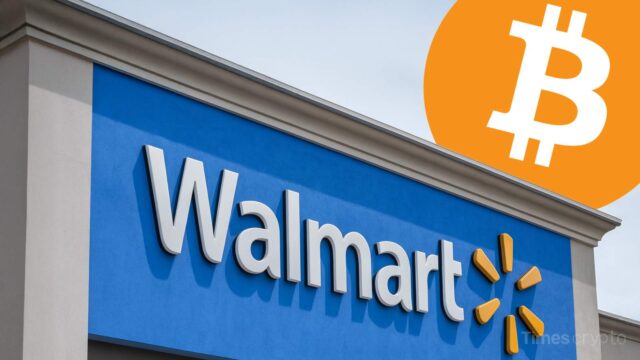 Walmart sign with Bitcoin logo overlay. Walmart's OnePay to Add Crypto Trading and Custody in Mainstream Push