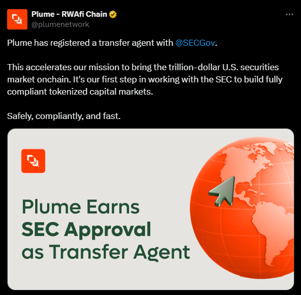 Plume Network Secures SEC Registration for Tokenized Securities Breakthrough: The Layer-2 blockchain registers as a transfer agent, allowing a compliant channel between traditional finance and on-chain assets. 