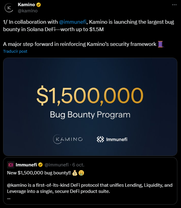 Kamino and Immunefi Bug Bounty Program Launches with Record $1.5M Prize Pool: The Solana DeFi protocol has partnered with the top Web3 security platform to offer the largest bug bounty ever in the ecosystem, offering unprecedented rewards for vulnerability discoveries.