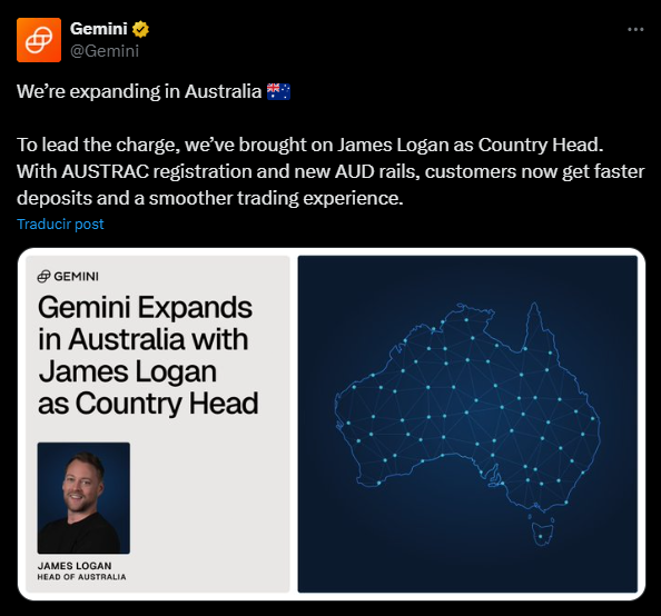 Gemini Expands Operations to Australia with Local Banking and New Leadership: The U.S. crypto exchange launches a domestically incorporated entity with AUSTRAC registration and instant AUD deposits, positioning for growth amid forthcoming regulatory reforms.