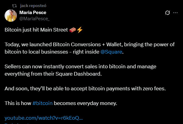 Square Bitcoin Launches Zero-Fee Payments for 4 Million Merchants: Block, a subsidiary of Jack Dorsey’s company, has launched Square Bitcoin, a completely integrated Bitcoin payments and wallet solution that allows businesses to accept crypto with no processing fees during the first year.