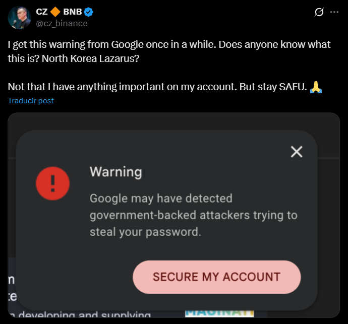 CZ Targeted by Government-Backed Hackers, Suspects North Korean Lazarus Group CZ Targeted by Government-Backed Hackers, Suspects North Korean Lazarus Group: Changpeng Zhao, founder of Binance, has shared a Google security warning regarding attacks from state-sponsored actors, raising alarms around predators targeting leaders within the crypto space.